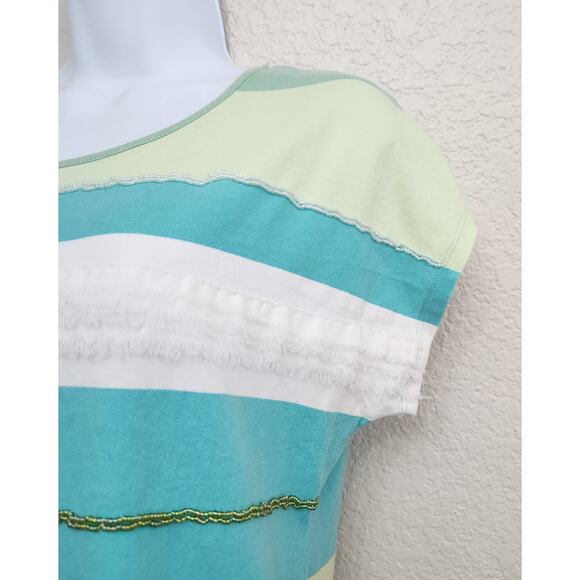 Ruby Rd. Blue Green White Striped Short Capped Sleeves Top Medium Round Neck - Picture 3 of 5